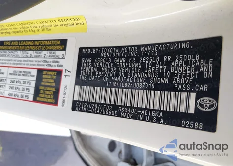 2014 Toyota Avalon Xle Premium z USA, uszkodzony, nr VIN 4T1BK1EB2EU087916